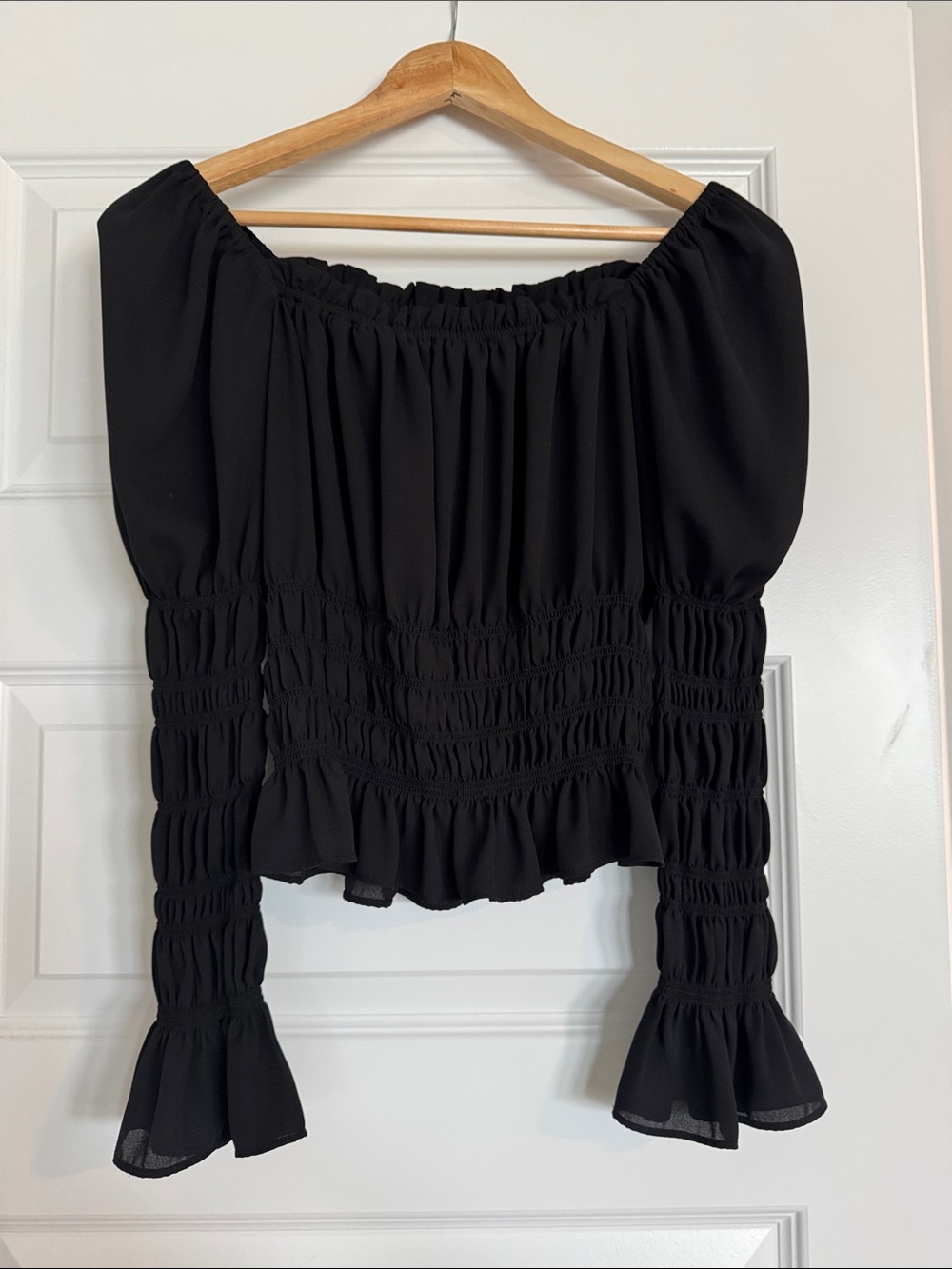 bebe- Black Smocked Off-Shoulder Women's Top